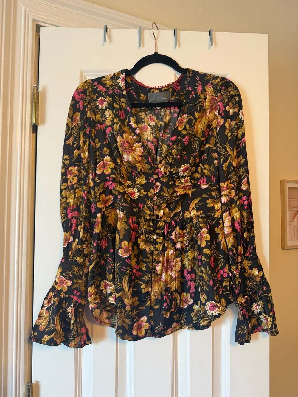 By Anthropologie Floral Print Long Sleeve Deep-V Button-Front Tunic Blouse